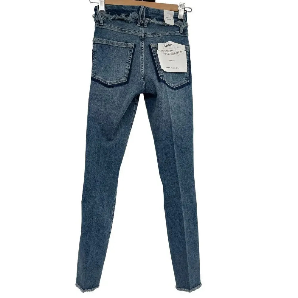 Good American Good Legs Under Fray Waistband High Rise Skinny Jeans Size 00 - Picture 8 of 13